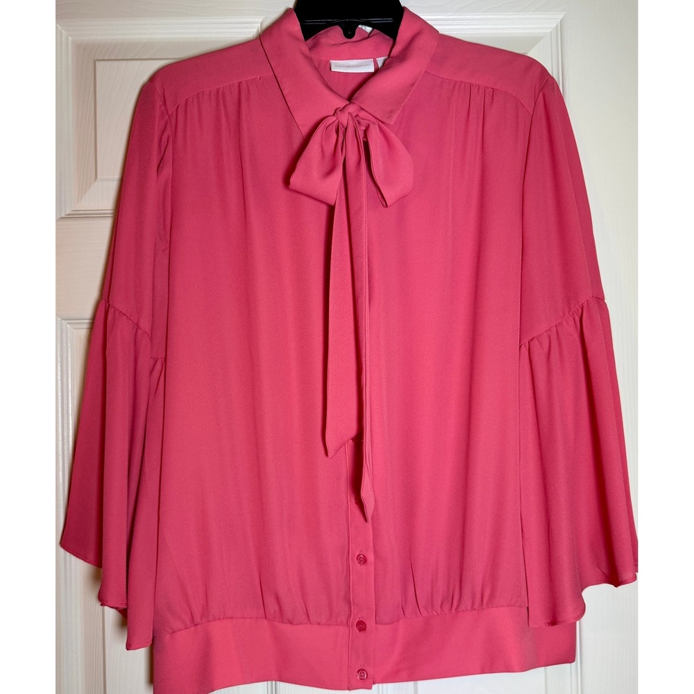 New York & Company Bow Blouse Pink Large Bell Sleeve Smocked Waist